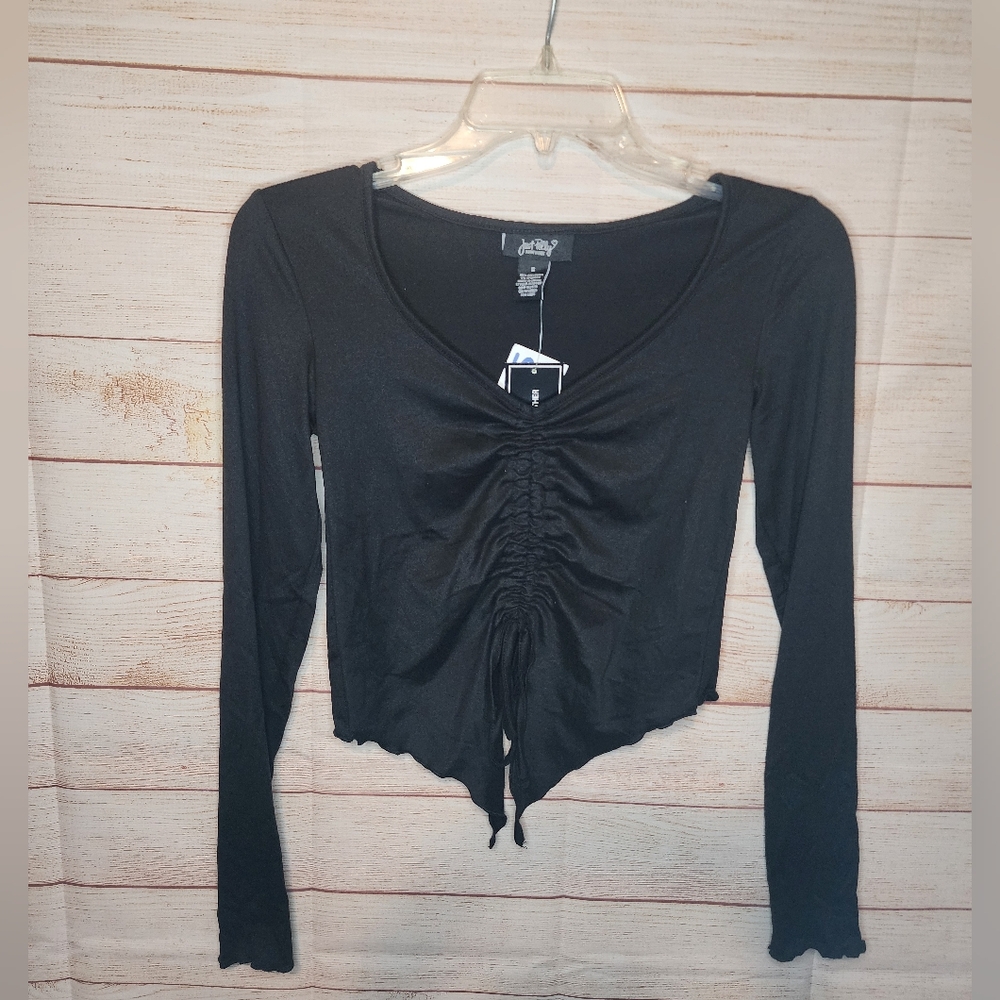 Just Polly Black Ruched Long Sleeve Blouse